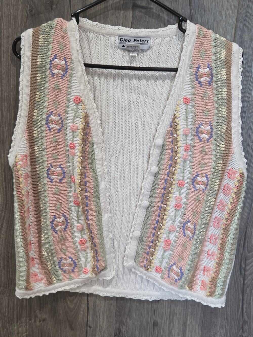 Vintage Gina Peters Knit Button-Front Grandma Sweater Vest CottageCore Size M